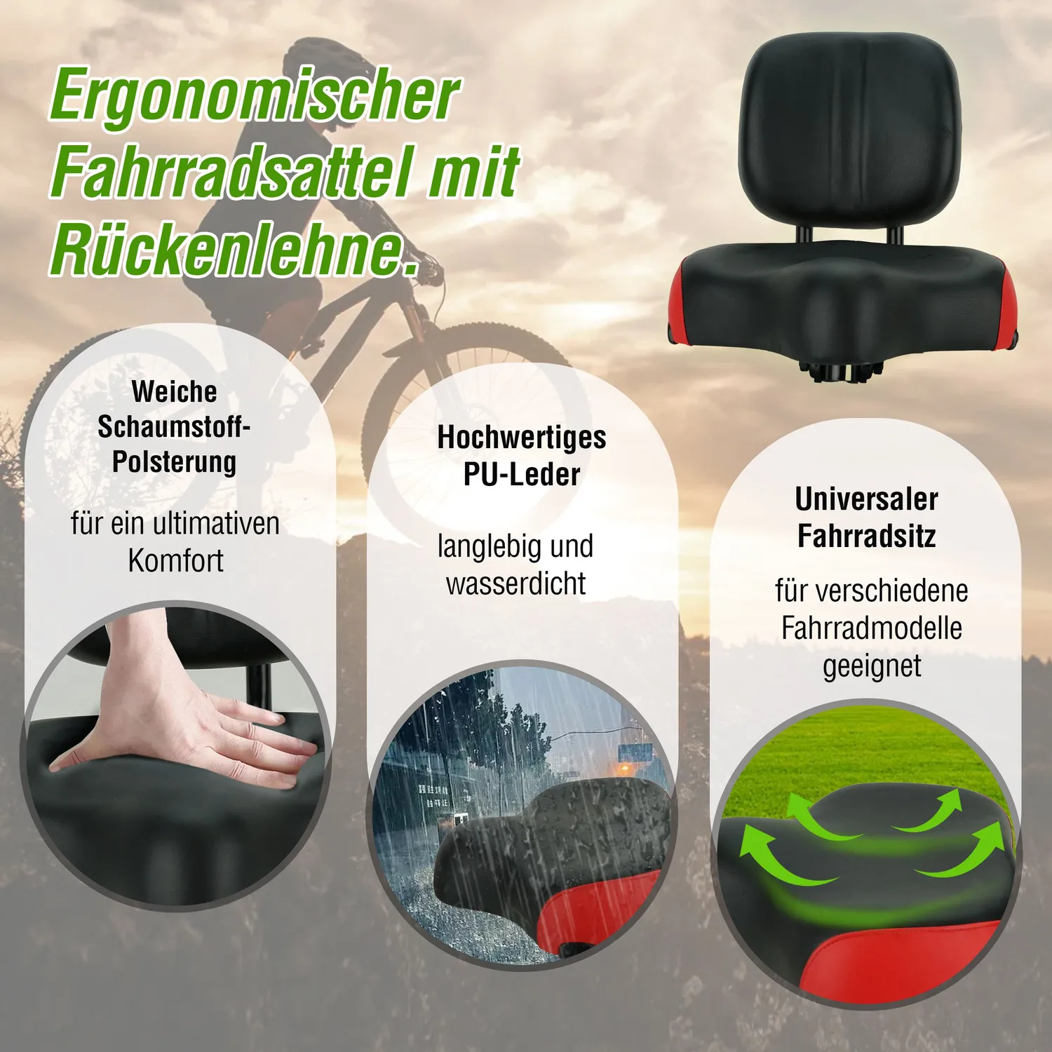 SachsenRad Sattel mit Rückenlehne Fahrradsattel verstellbar Memory-Schaum