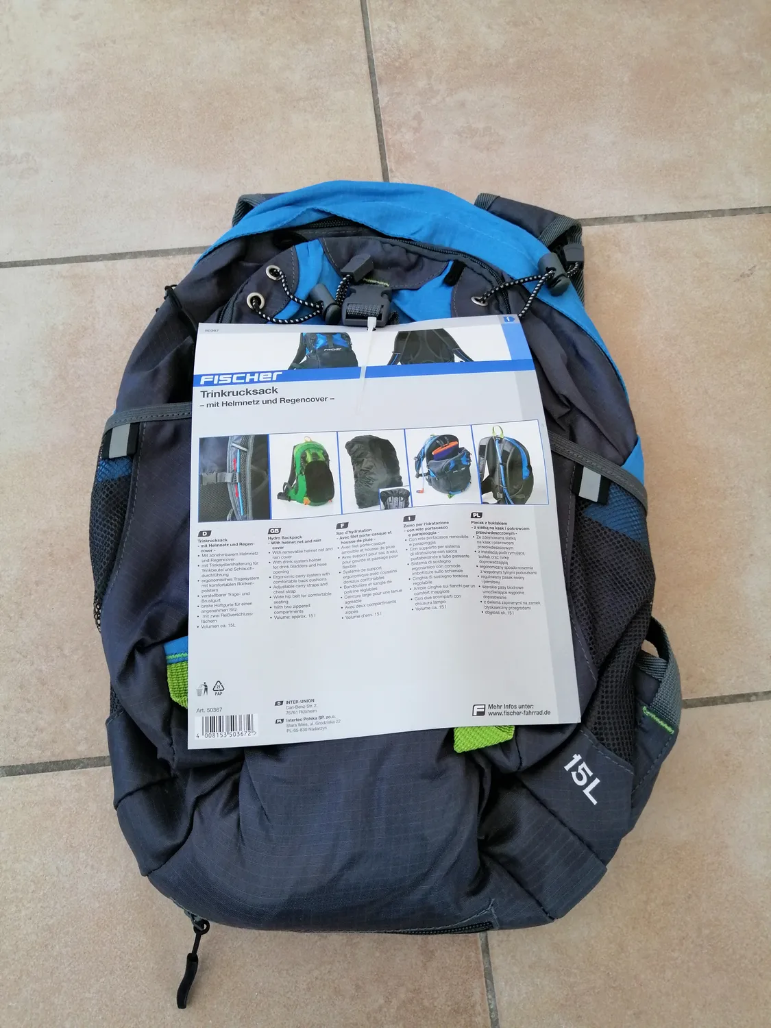 Fischer Fahrradrucksack 15 Liter Blau mit Helmnetz