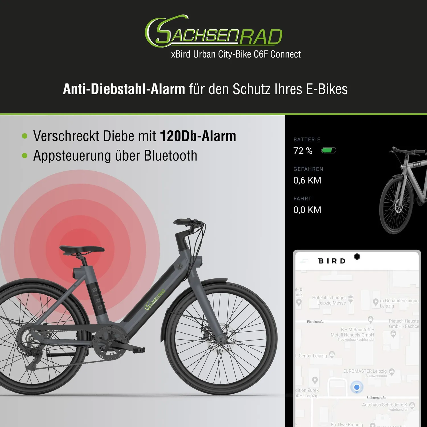 SachsenRad xBird C6F Connect E-Citybike 26 Zoll dunkelgrau