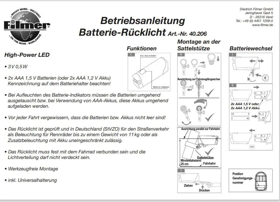 Fischer Batterie LED-Fahrradrückleuchte 85364 Universalhalter