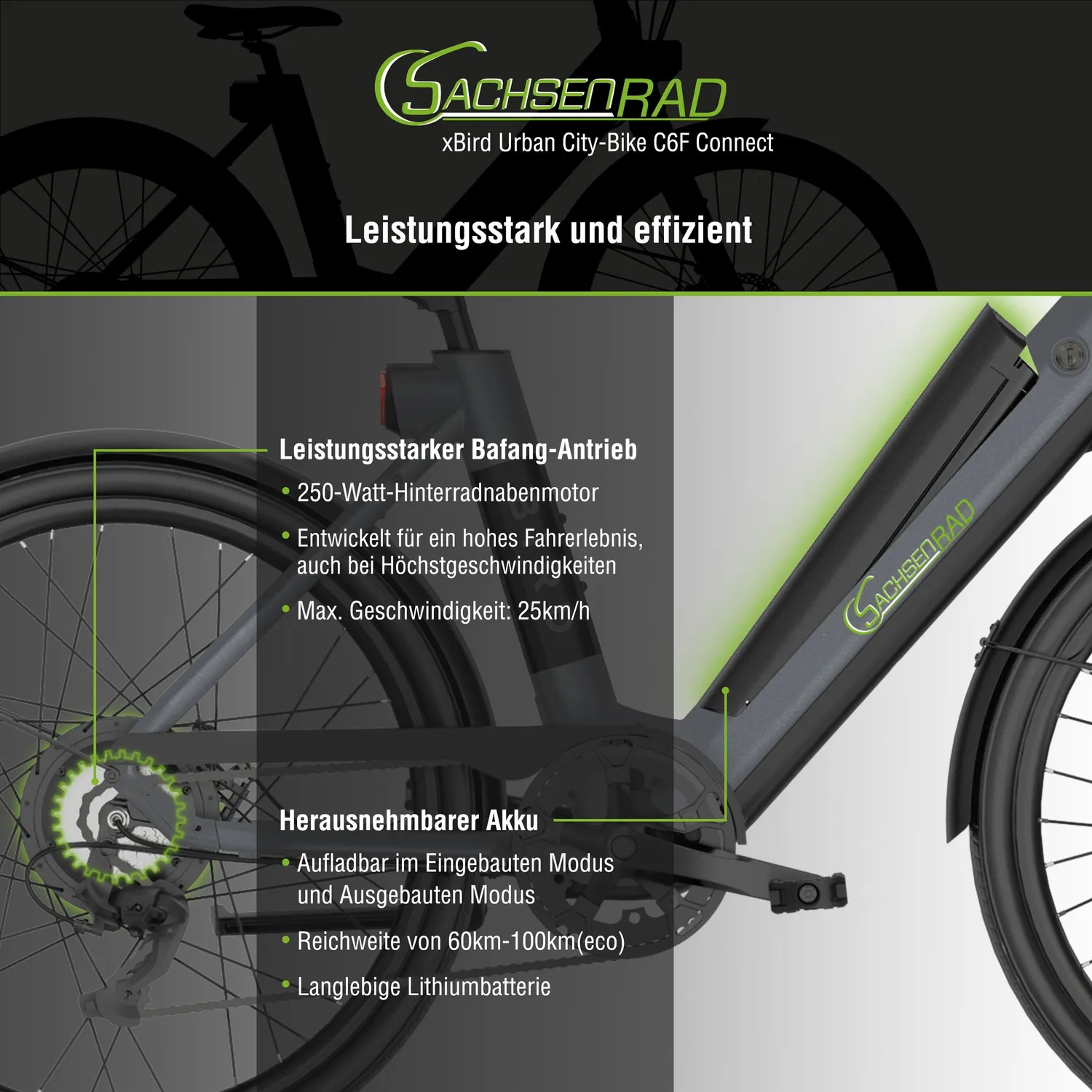 SachsenRad xBird C6F Connect E-Citybike 26 Zoll dunkelgrau