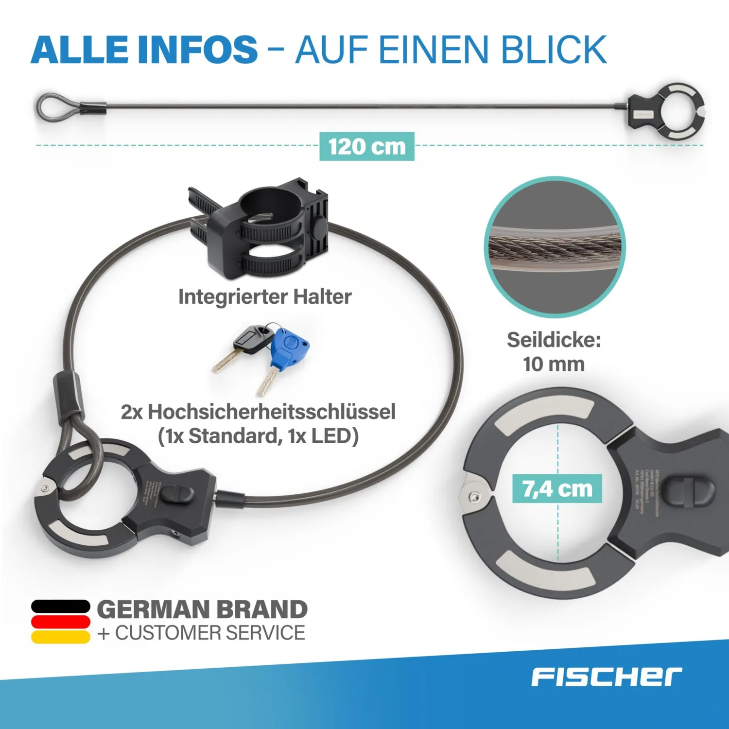 Fischer Handschellenschloss 120 cm Schloss 10 mm Stufe 4