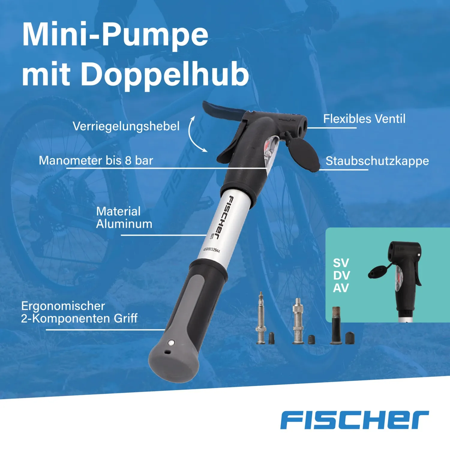 Fischer Mini Luftpumpe Fahrradpumpe mit Manometer 8 bar