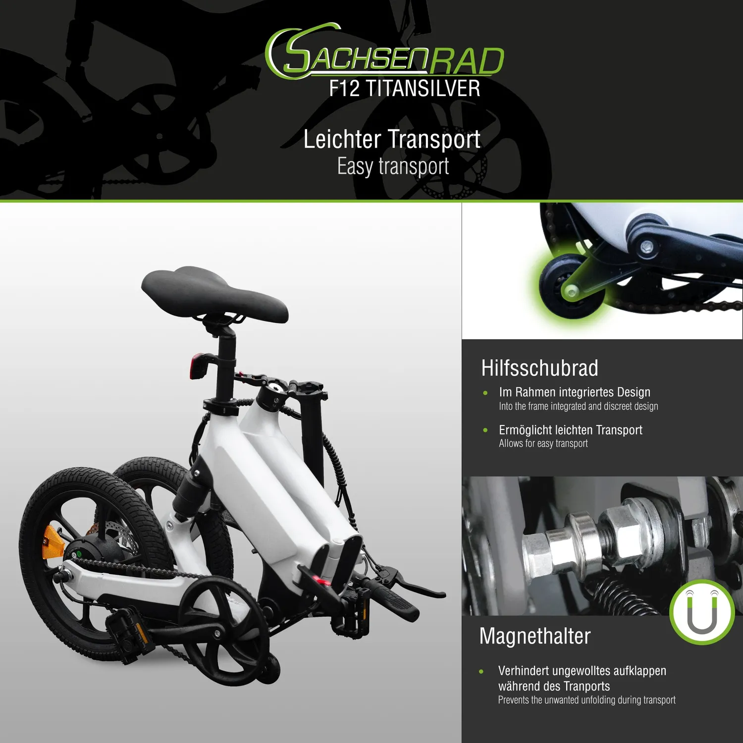 SachsenRad F12 E-Faltrad Space Grau 16 Zoll Magnesium